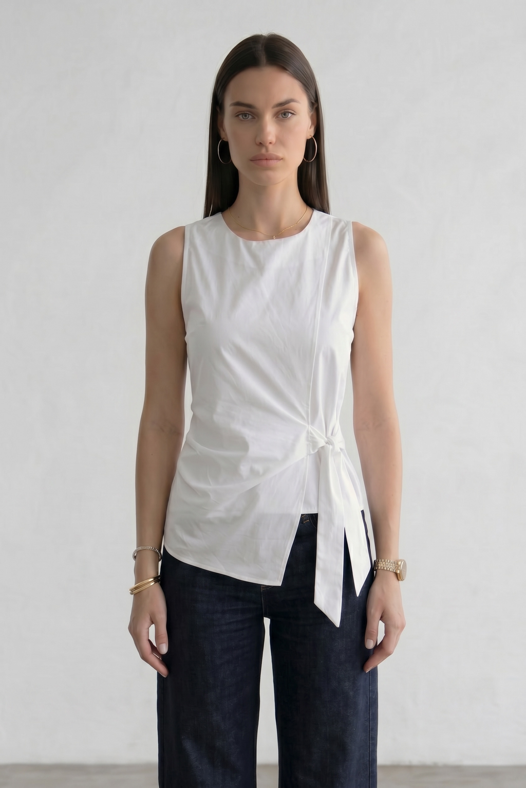 Sleeveless Surplice Top With A Side Bow - White