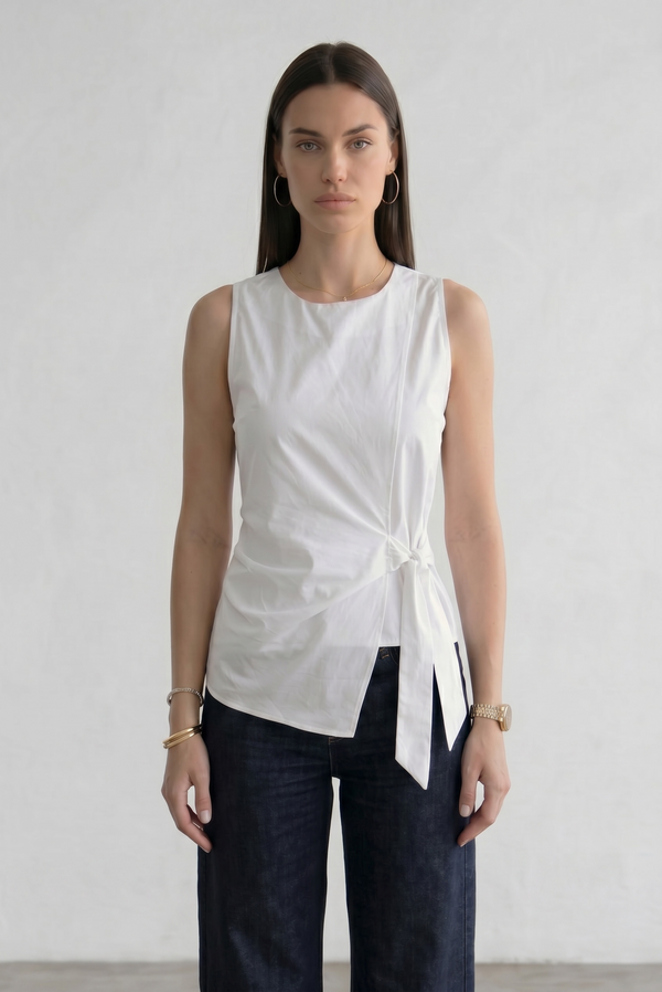 Sleeveless Surplice Top With A Side Bow - White