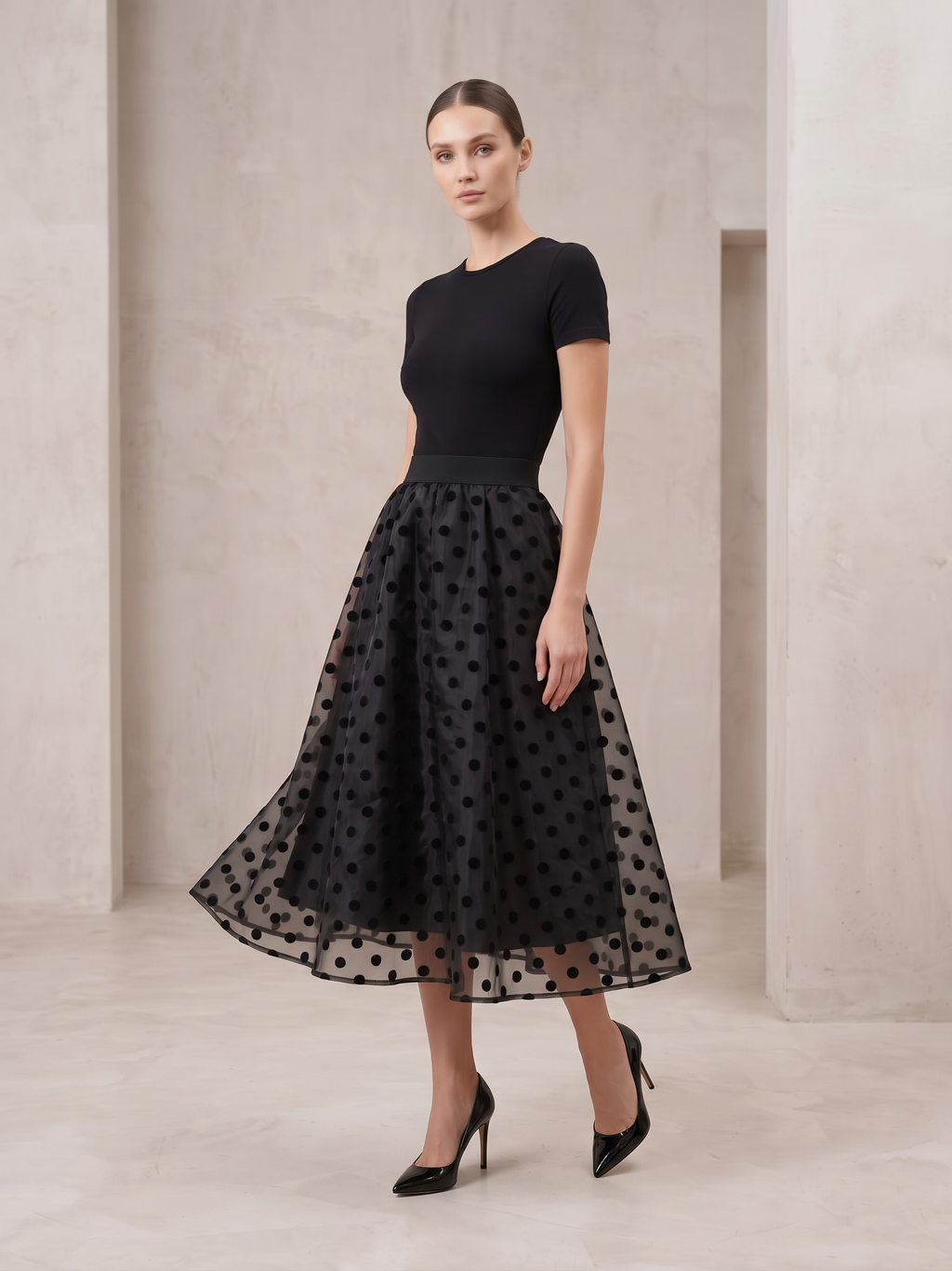 Polka Organza Midi Skirt - Black