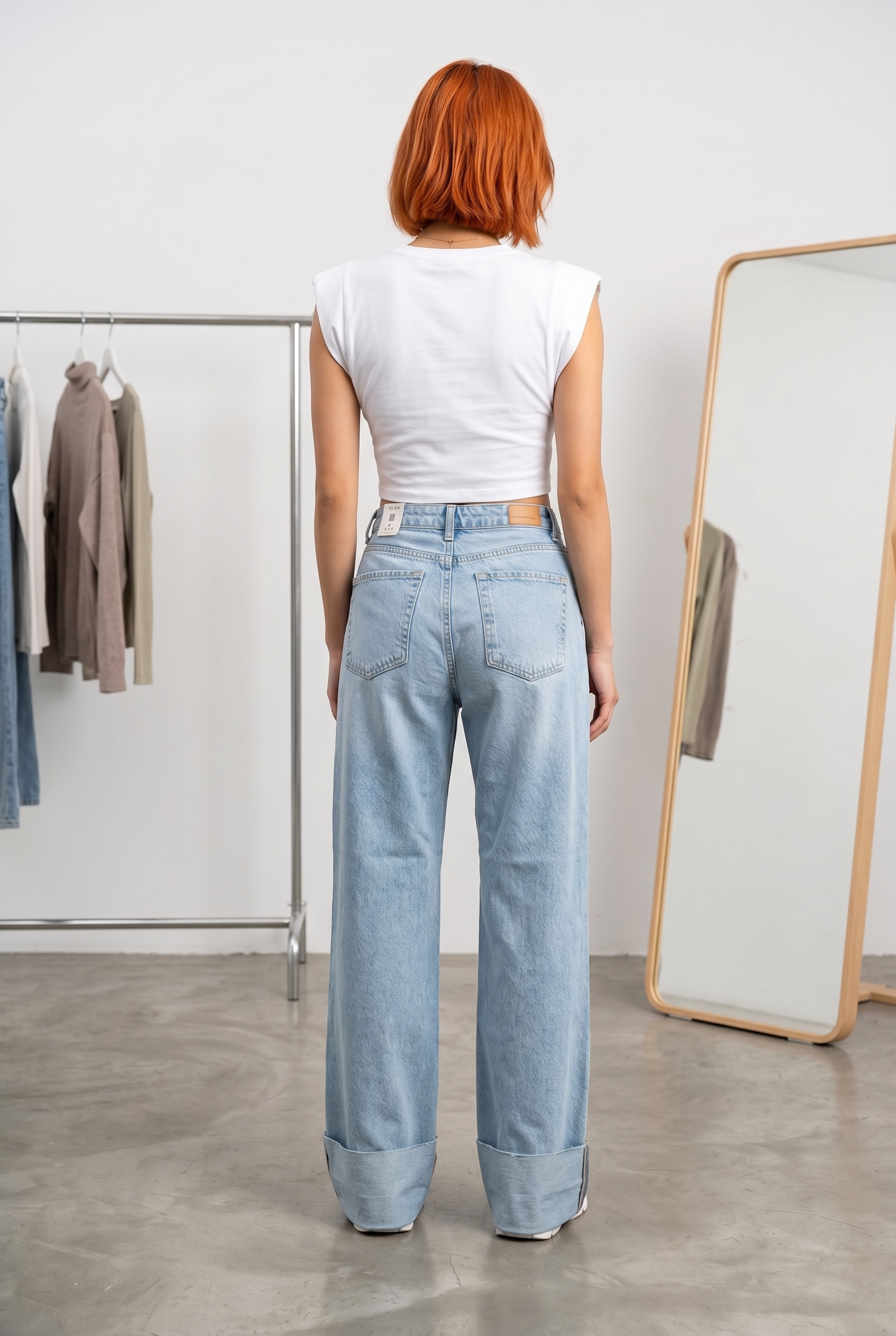 Straight Turned Up Jeans - Light Blue