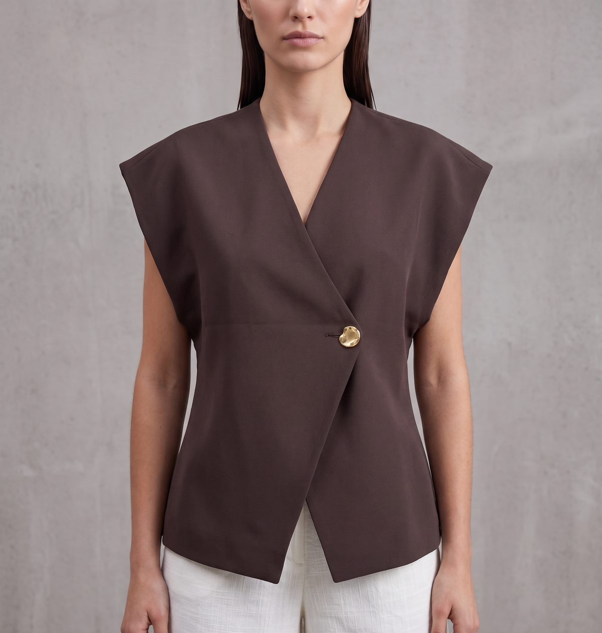 Gilet with Gold Button - Brown