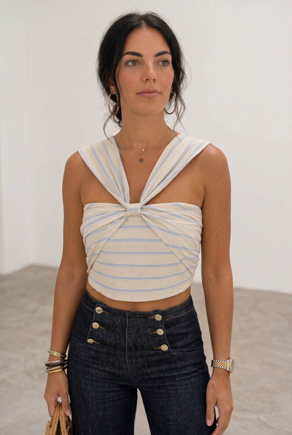Linen Big Brow Front Top - Striped Blue