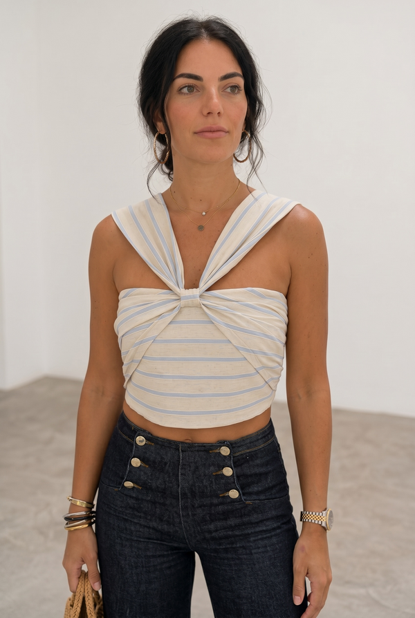 Linen Big Brow Front Top - Striped Blue