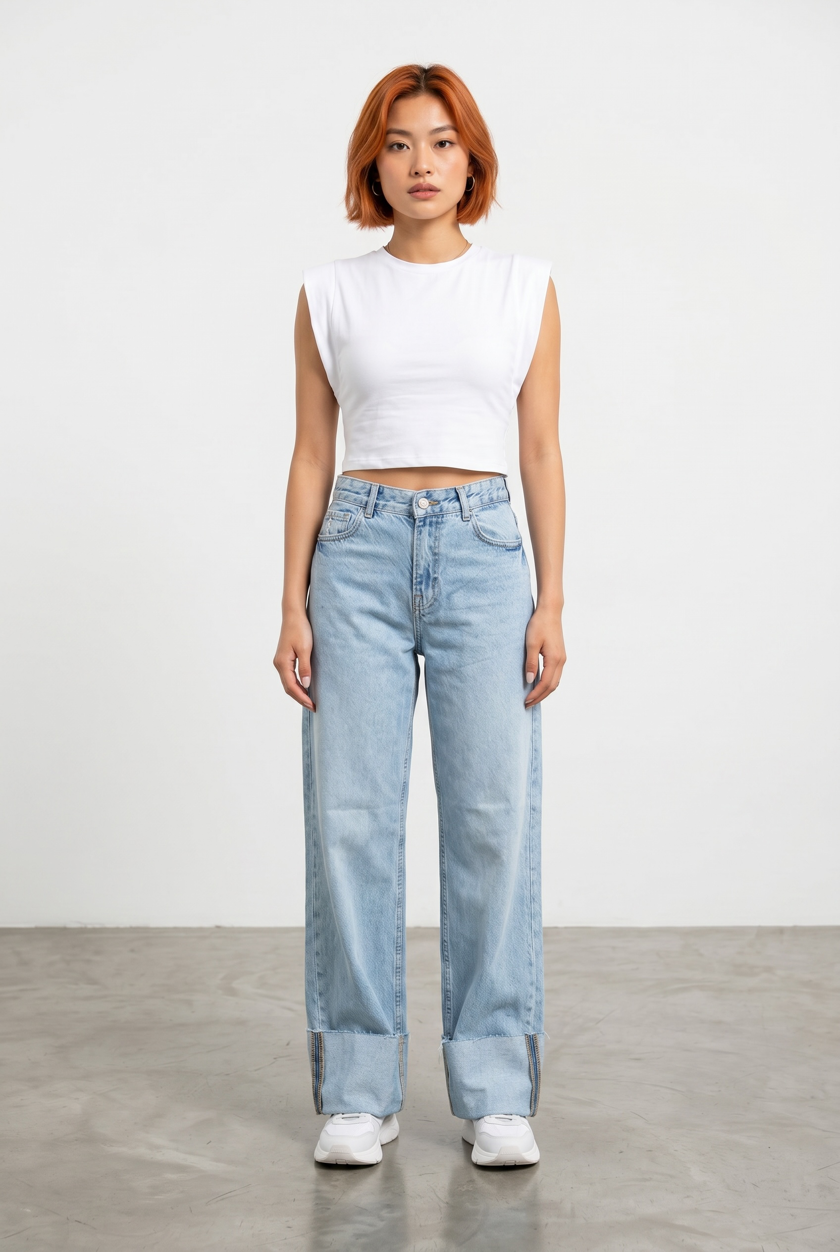 Straight Turned Up Jeans - Light Blue