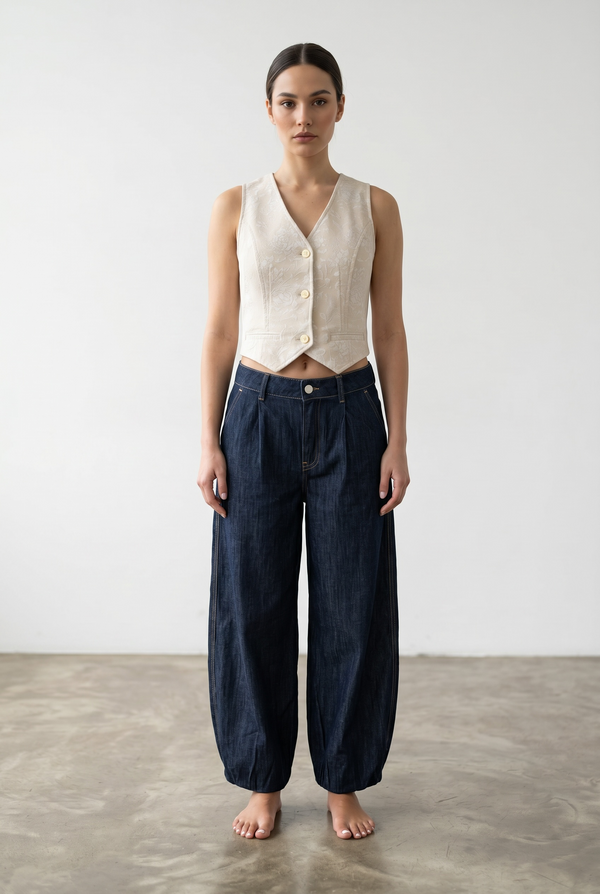 Balloon Jeans With Buttoned Ankles - Navy Blue