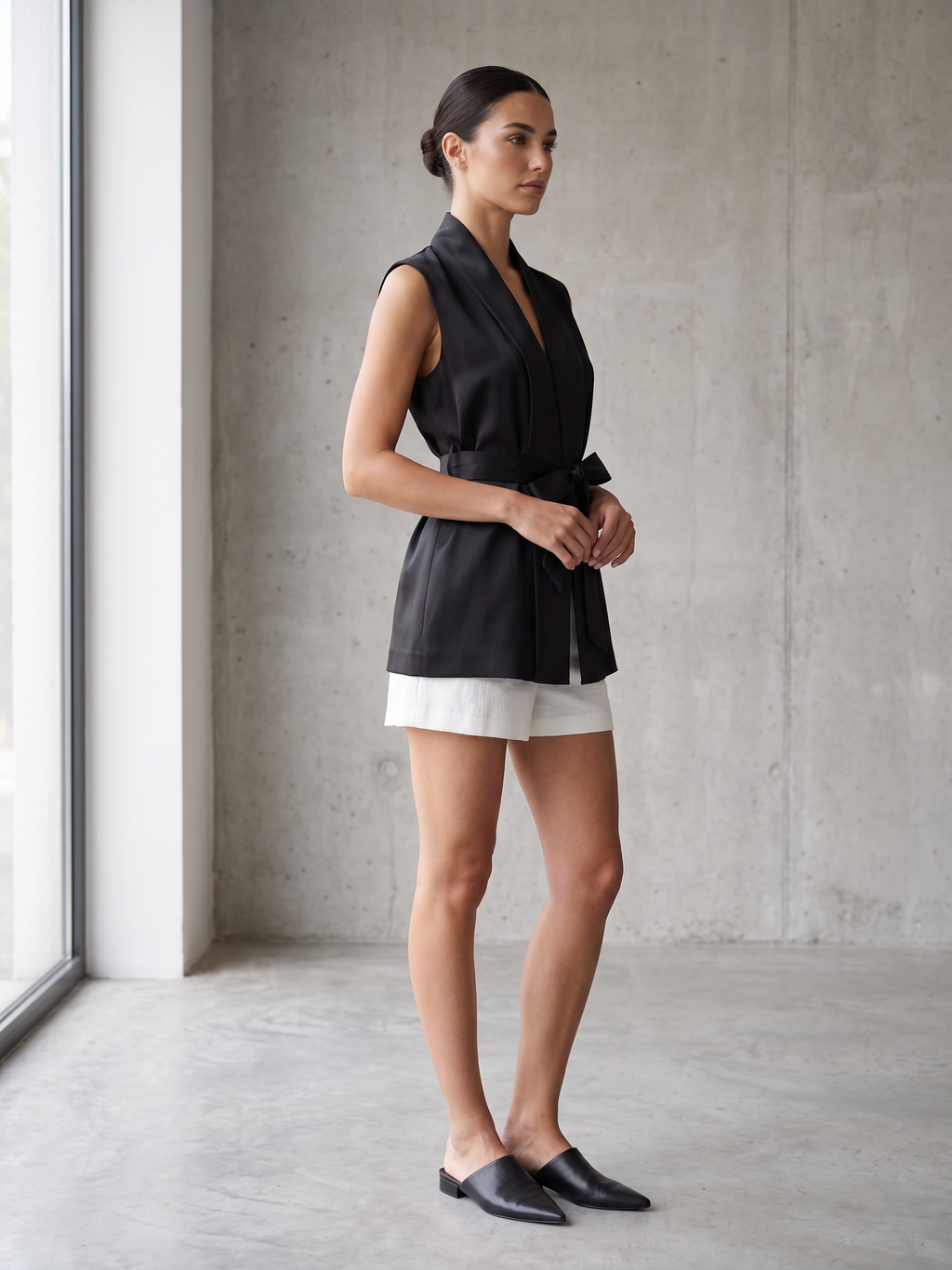 Long Satin Gilet With Clips and Belt - Black
