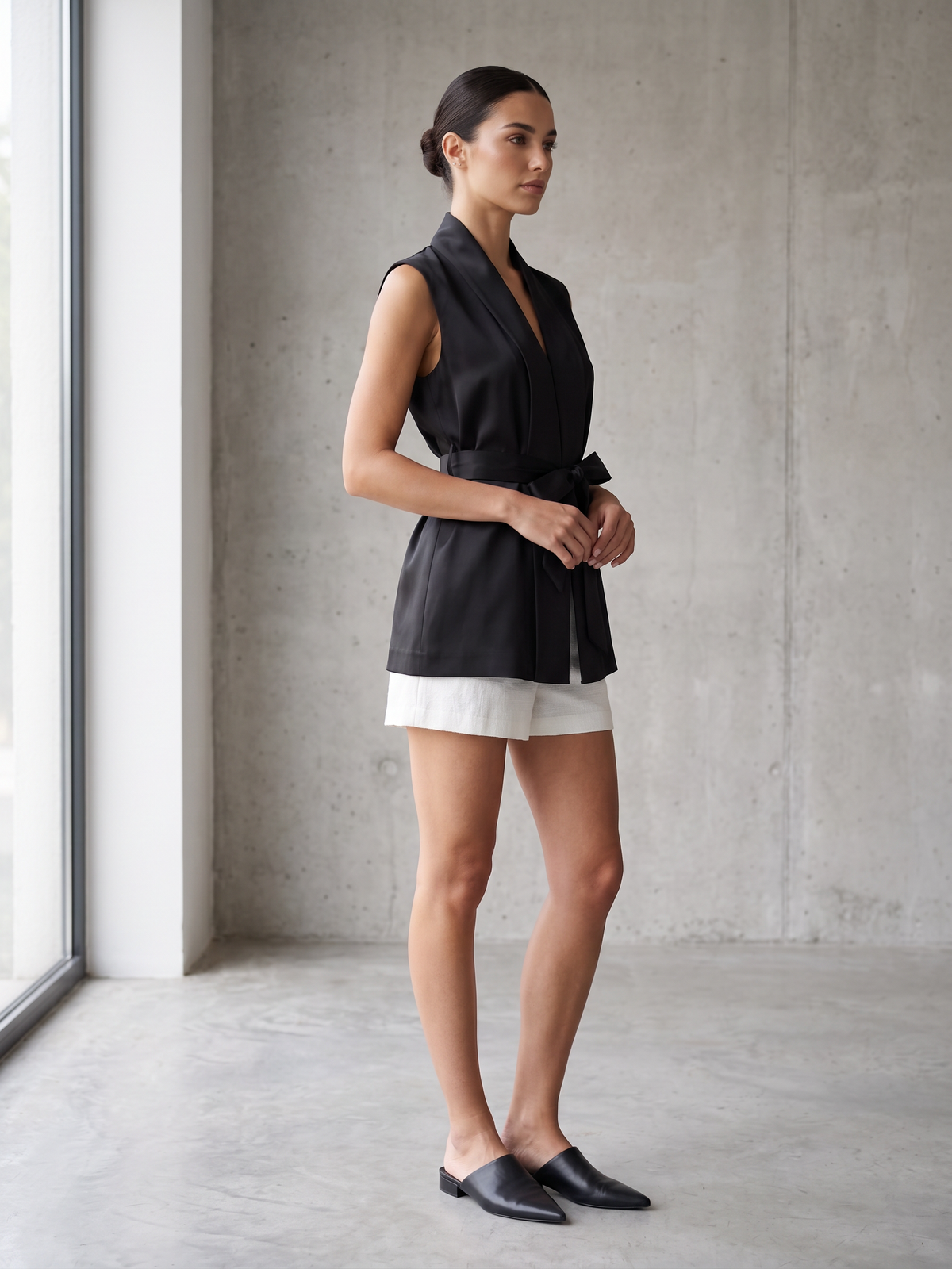Long Satin Gilet With Clips and Belt - Black