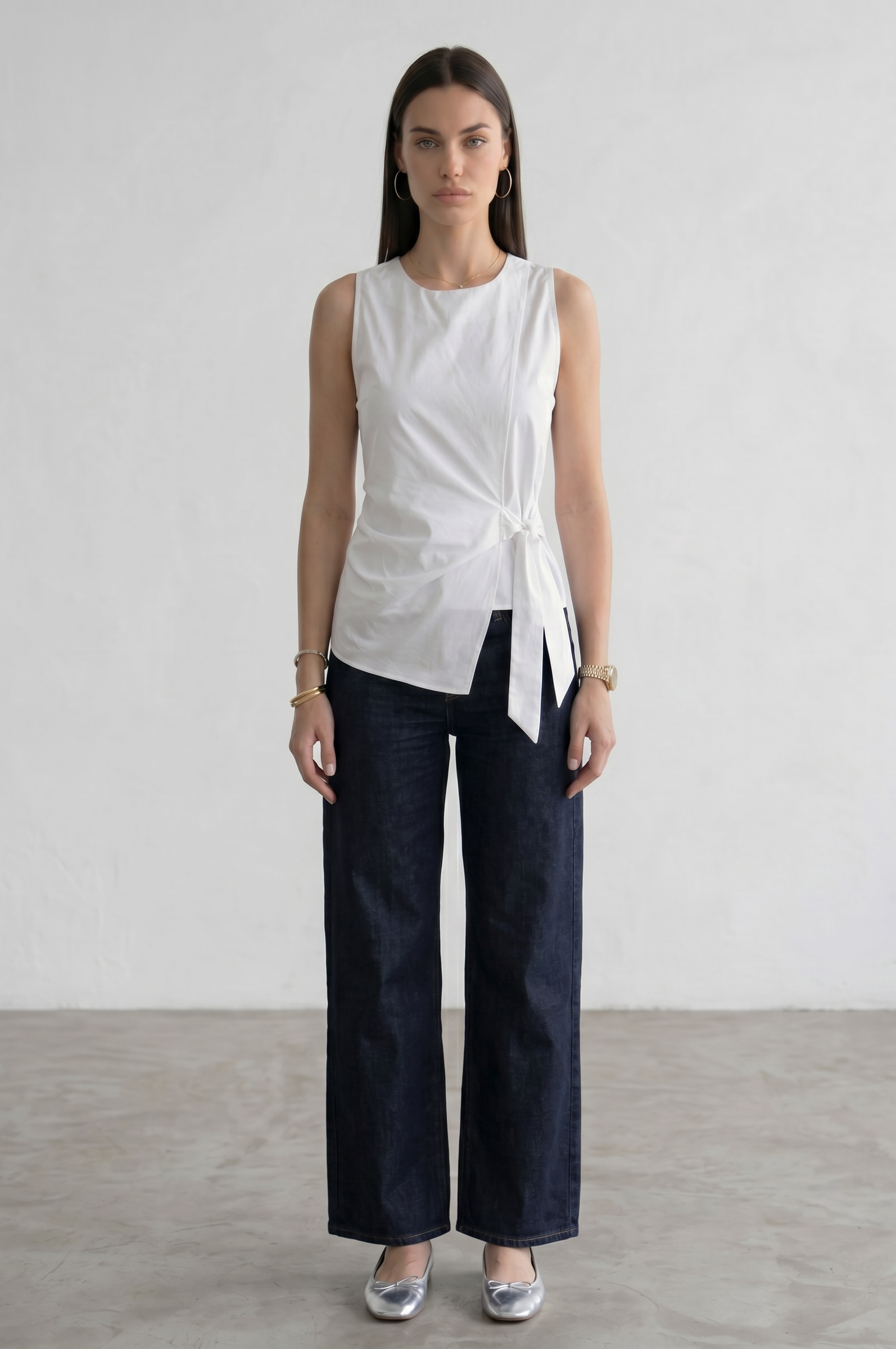 Sleeveless Surplice Top With A Side Bow - White