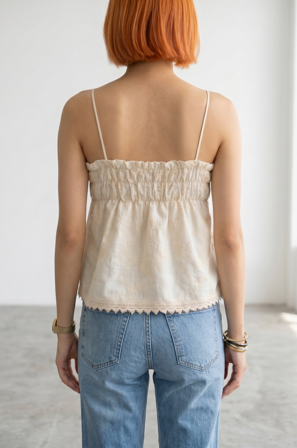 Linen Broderie Top Strapless - Beige