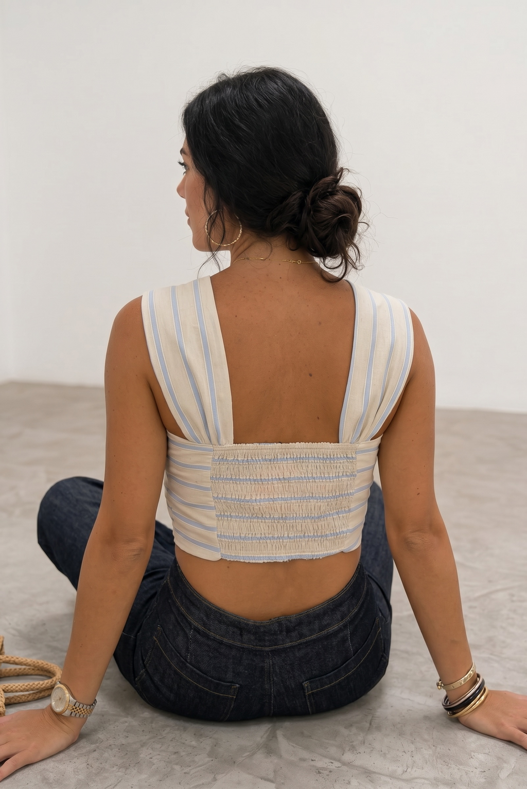 Linen Big Brow Front Top - Striped Blue