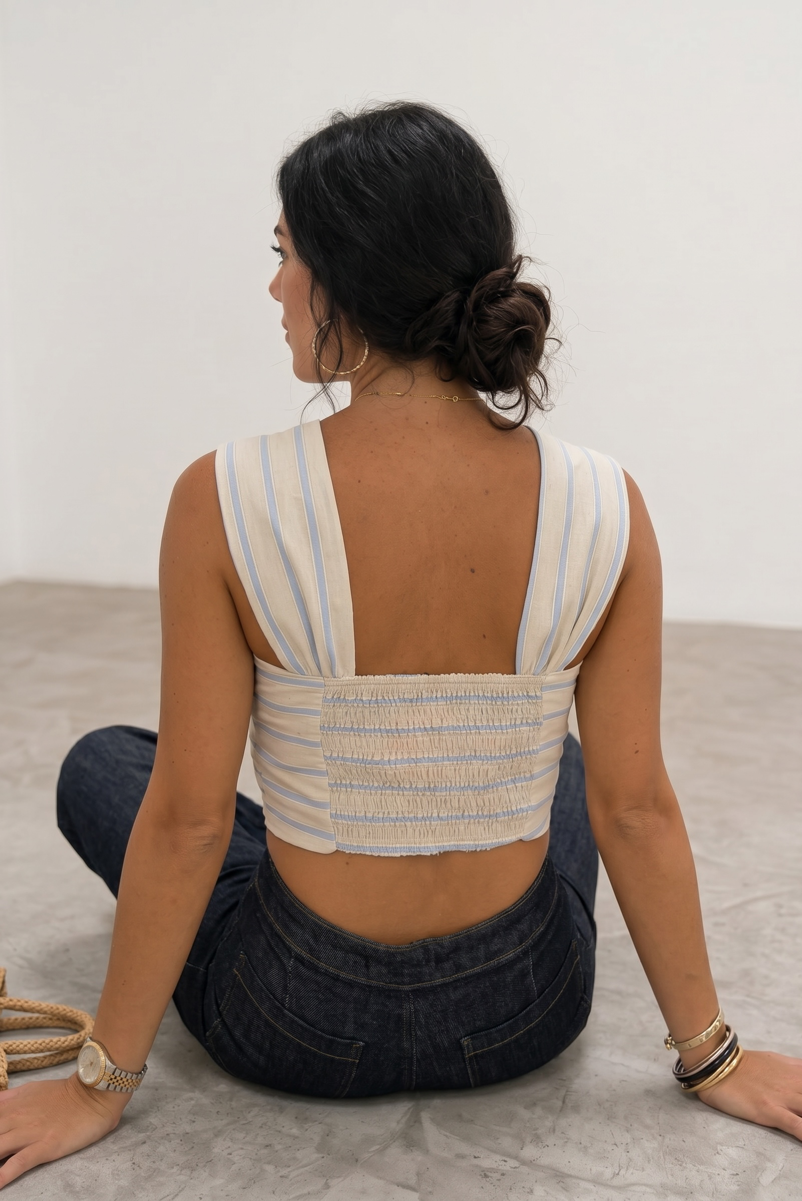 Linen Big Brow Front Top - Striped Blue