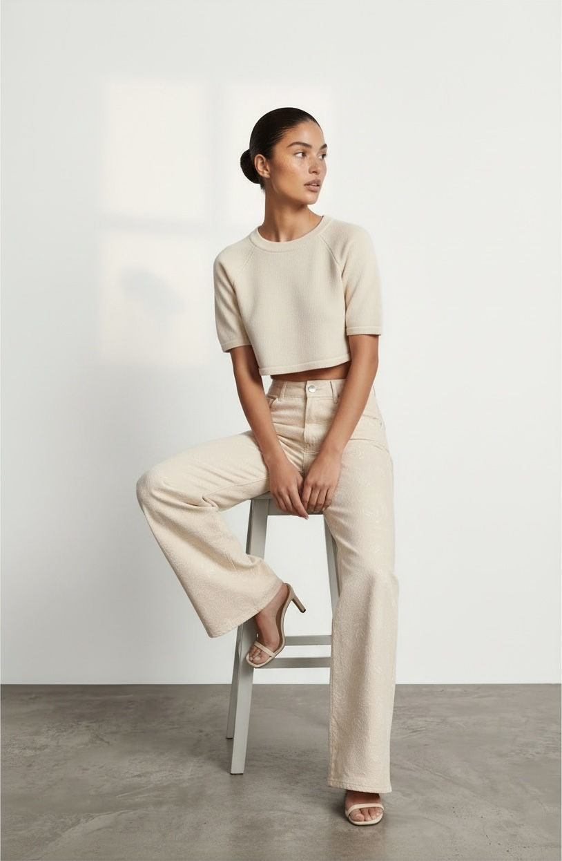 Jeans Palazzo Floral - Beige