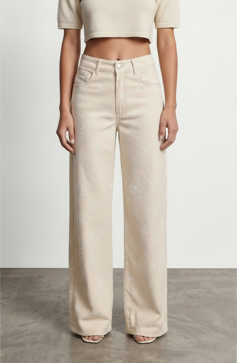 Jeans Palazzo Floral - Beige