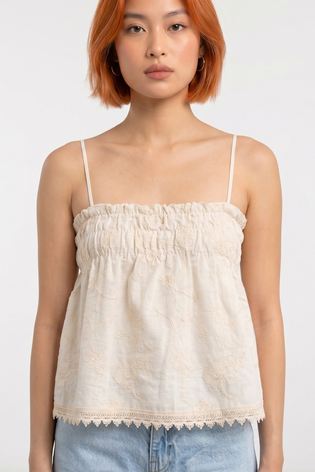Linen Broderie Top Strapless - Beige