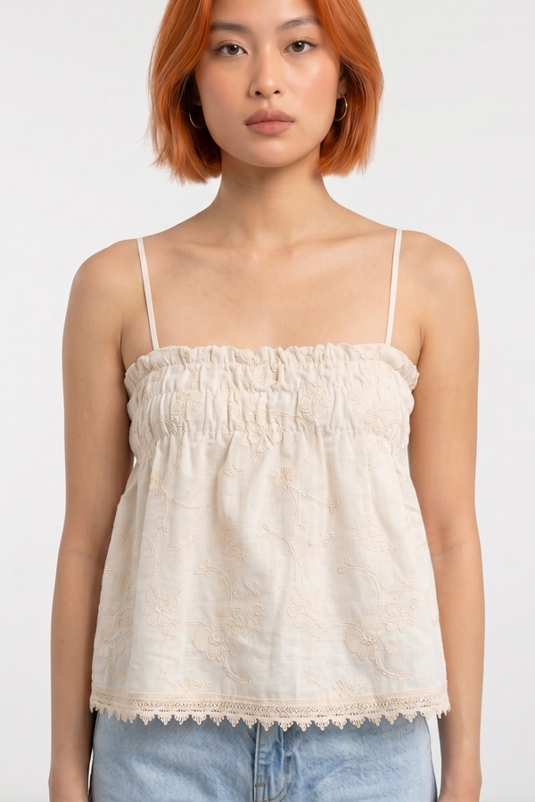Linen Broderie Top Strapless - Beige