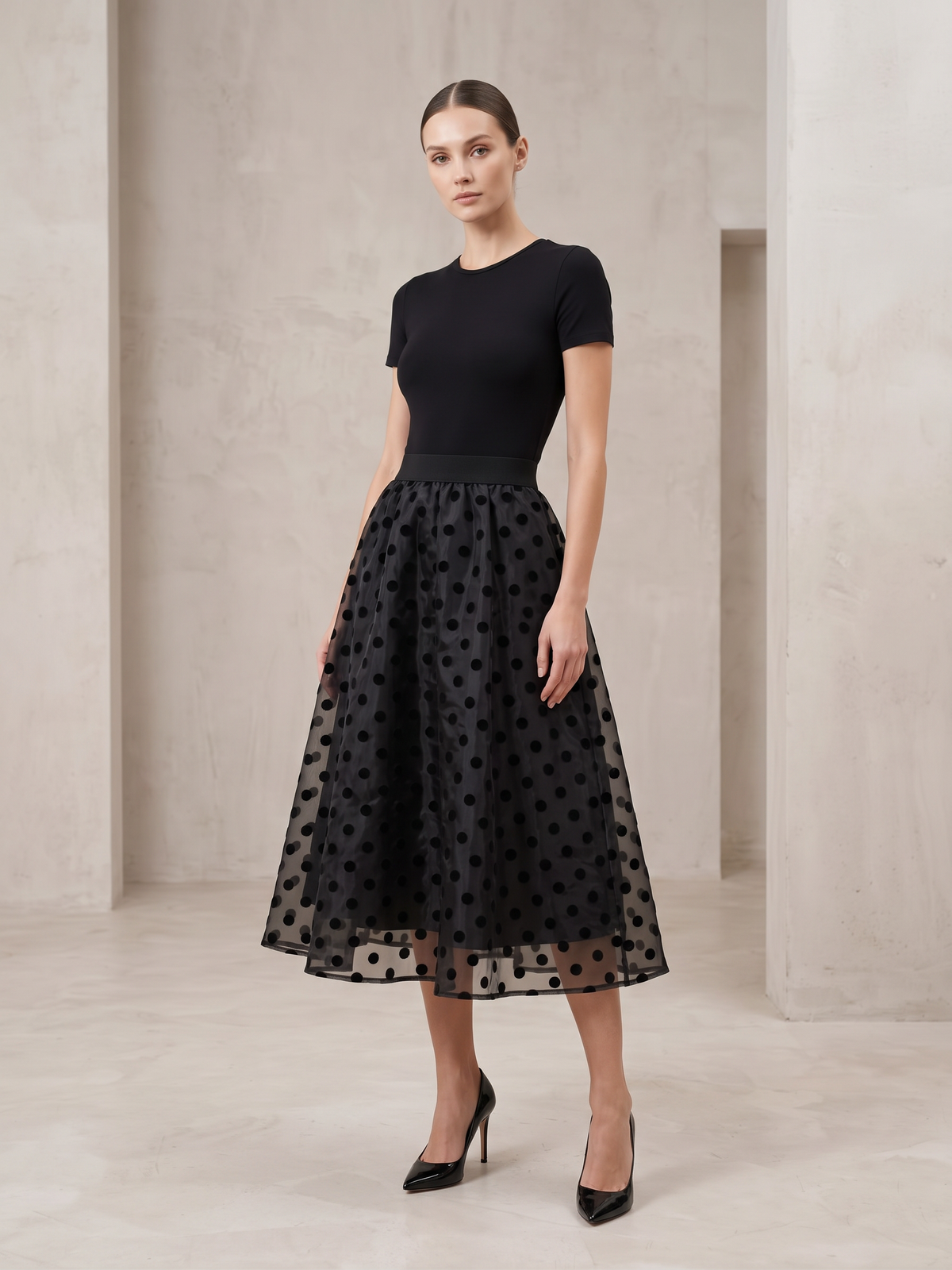 Polka Organza Midi Skirt - Black