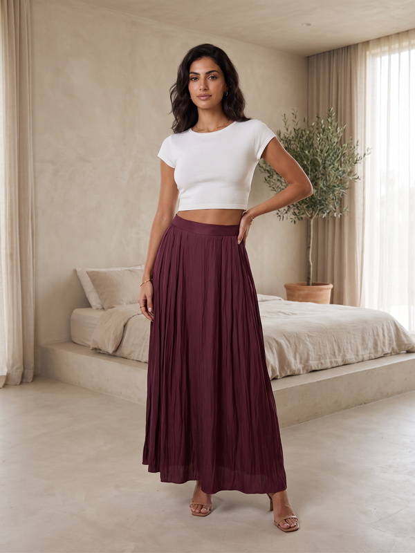 Wine Burgundy Midi Skirt - Satin