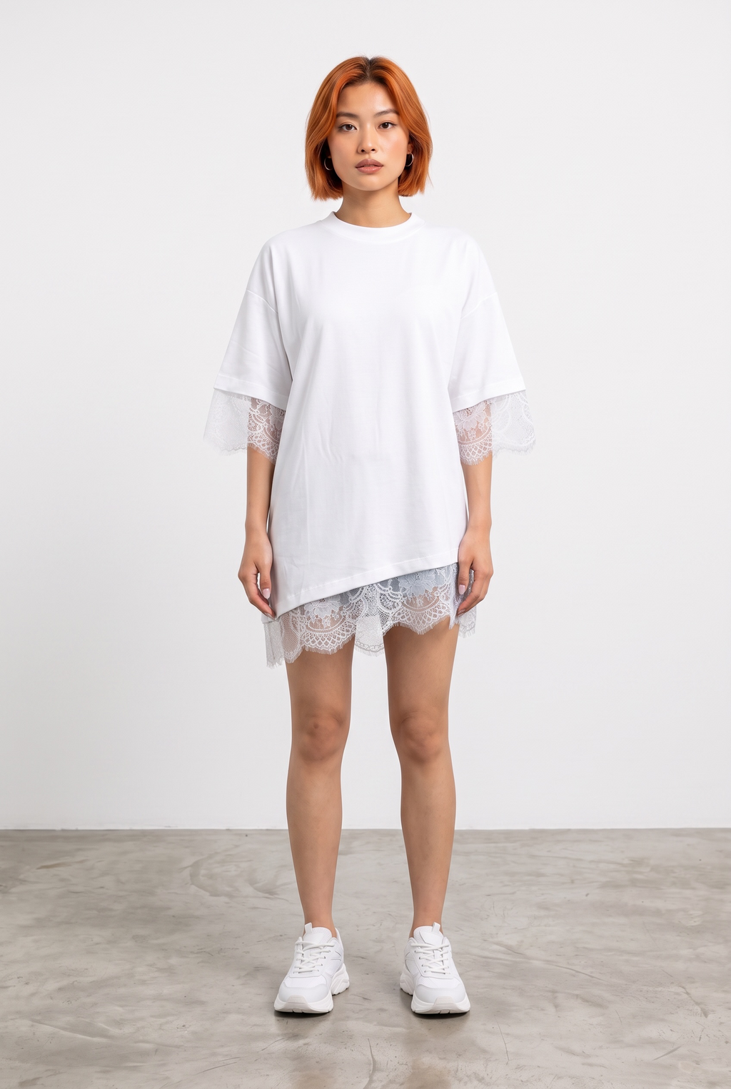 Asymentrical T-shirt Lace Edges - White