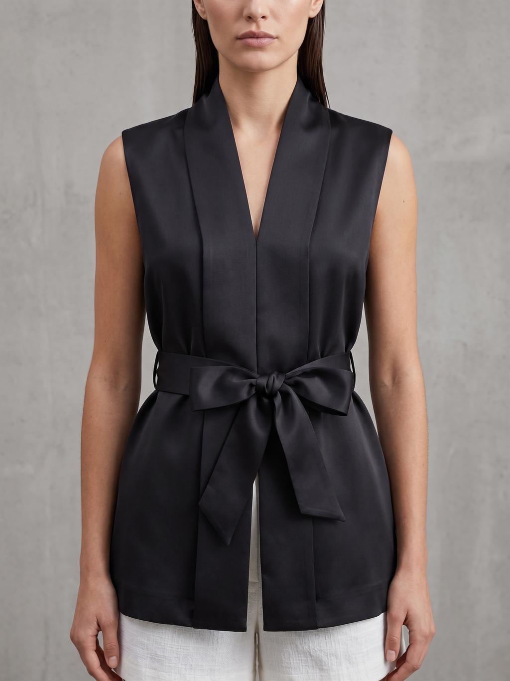 Long Satin Gilet With Clips and Belt - Black