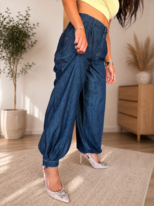 Balloon Jeans With Buttoned Ankles - Navy Blue