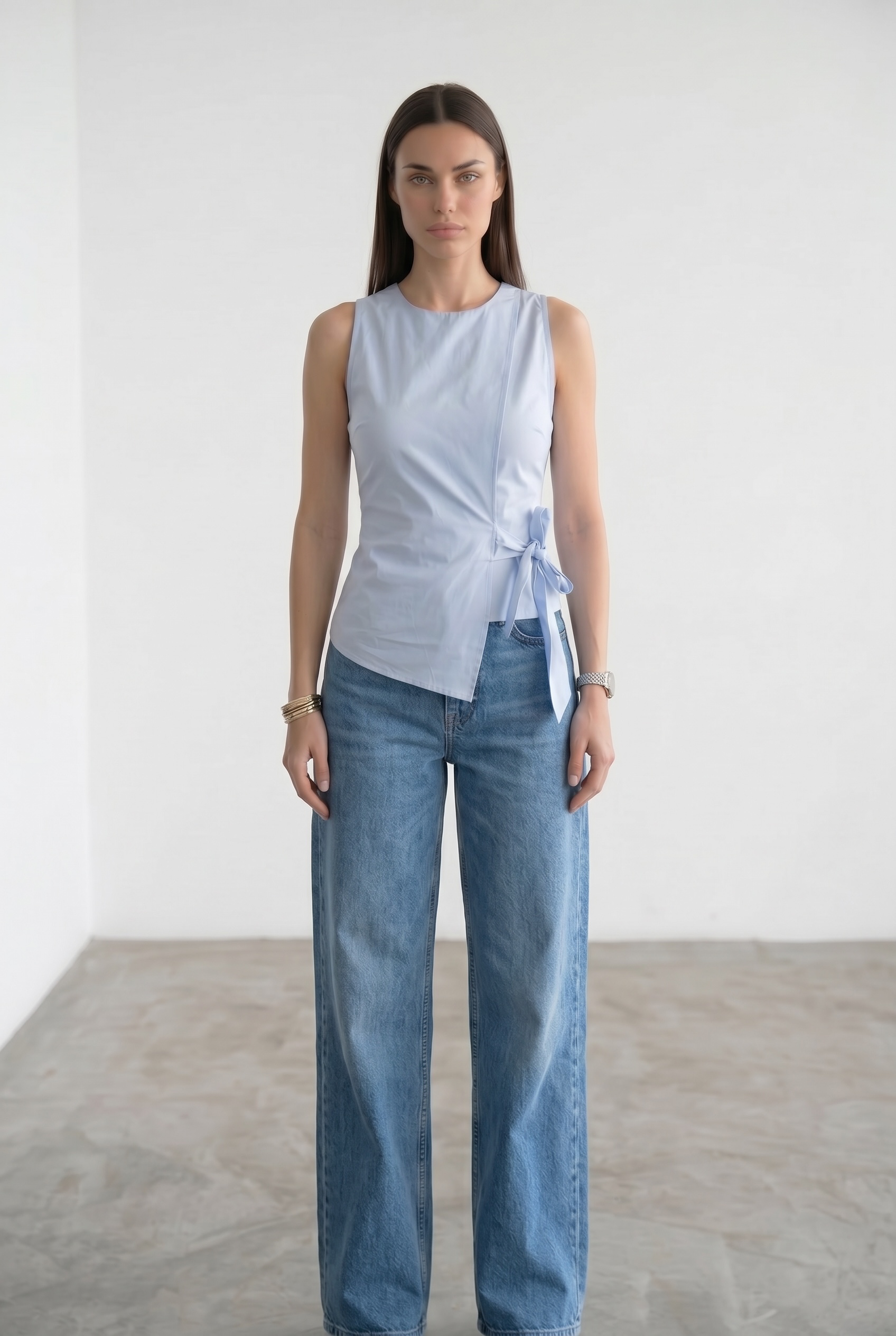 Sleeveless Surplice Top With A Side Bow - Ice Blue