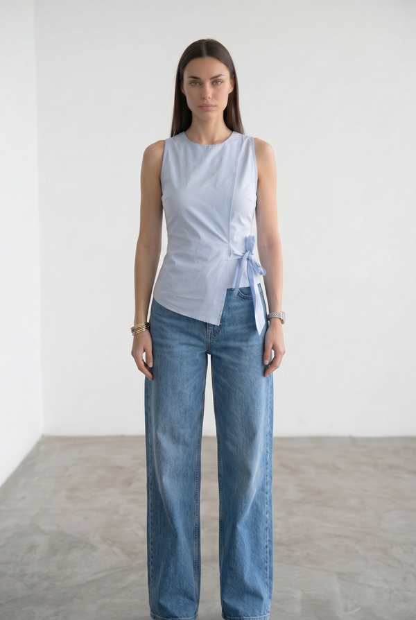 Sleeveless Surplice Top With A Side Bow - Ice Blue
