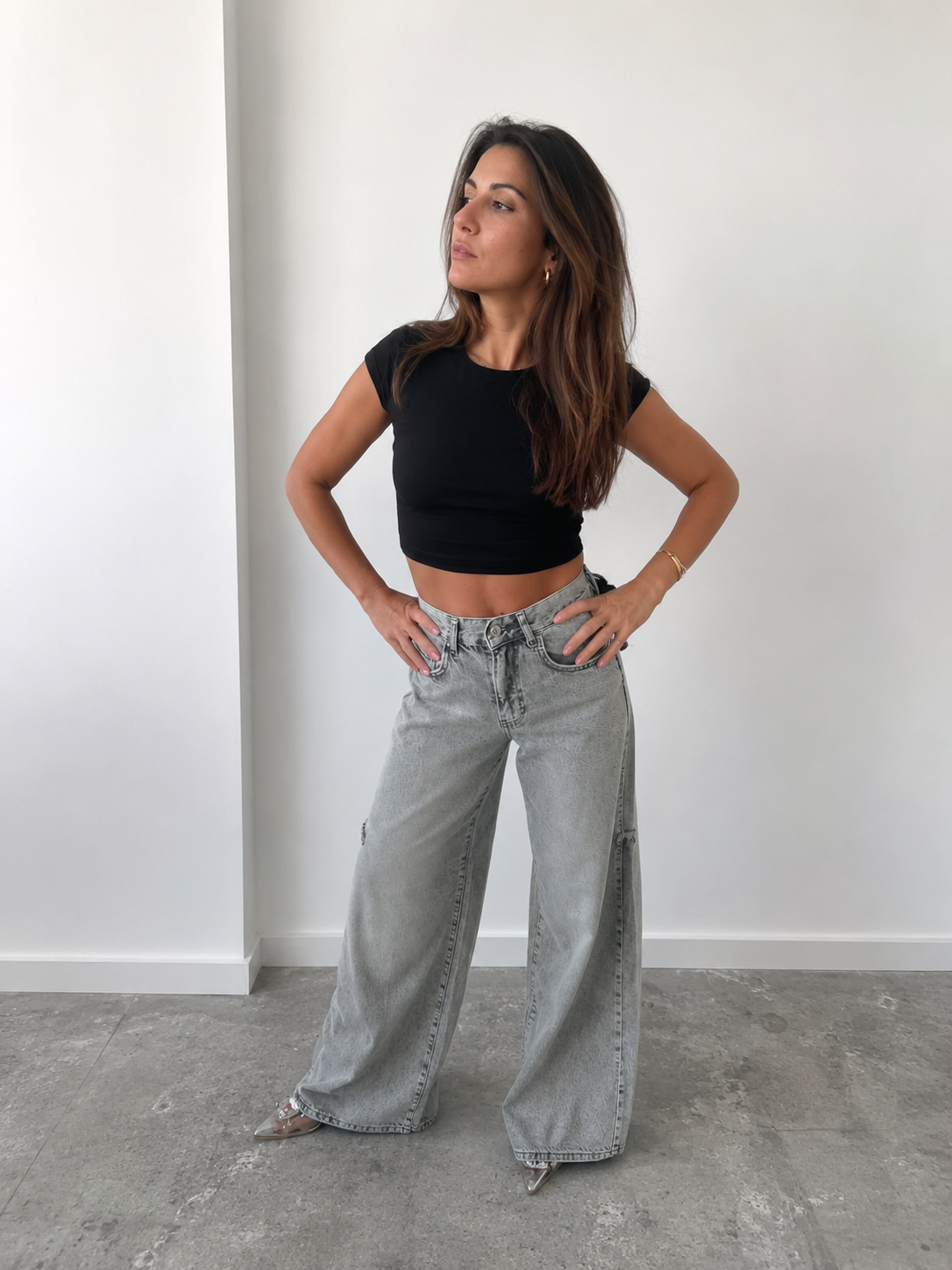 Palazzo Jeans With Torn Sides - Light Grey