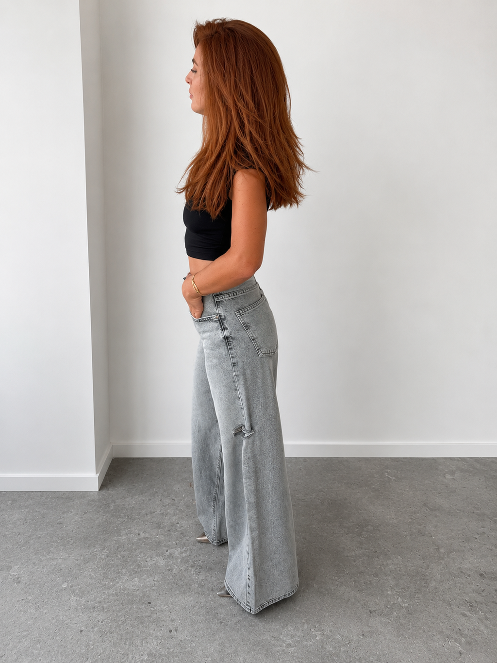 Palazzo Jeans With Torn Sides - Light Grey