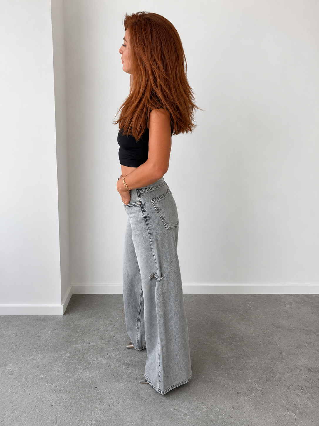 Palazzo Jeans With Torn Sides - Light Grey