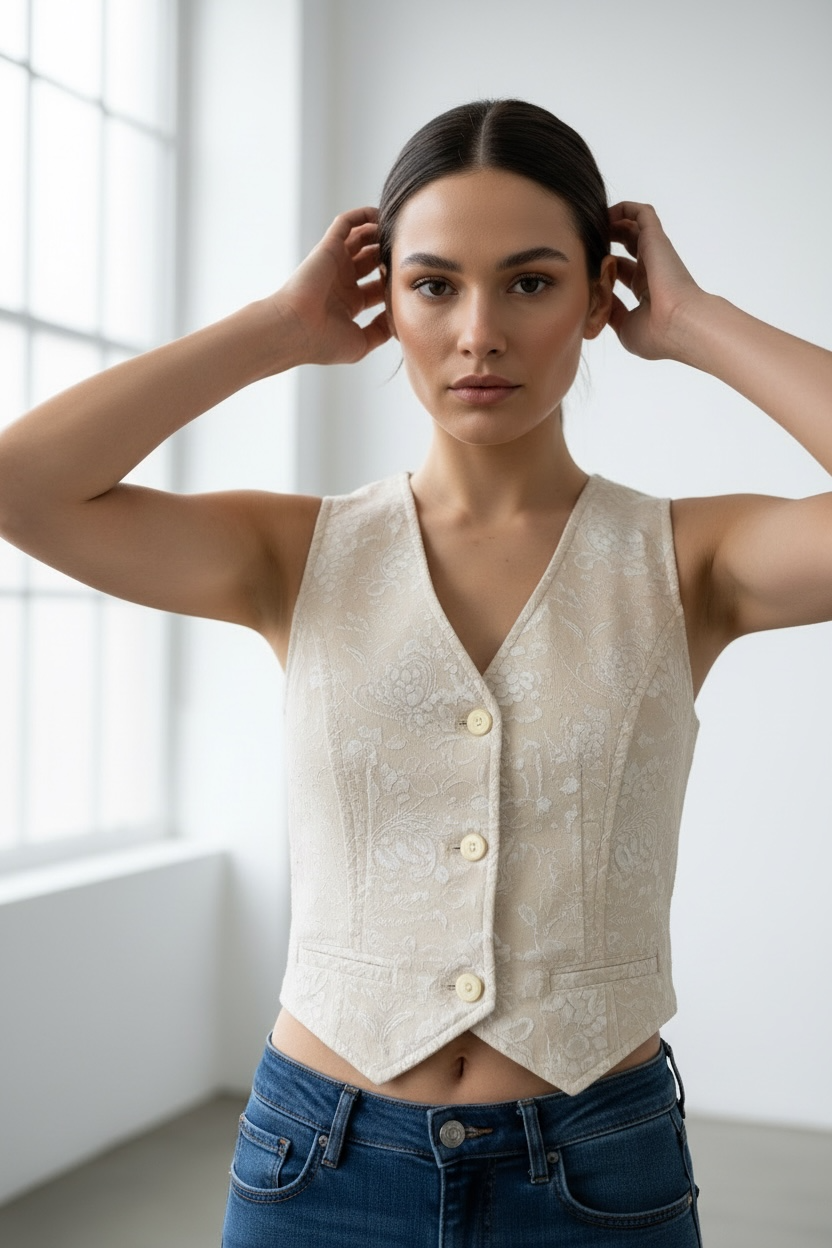 Gilet Floral Patterned - Beige